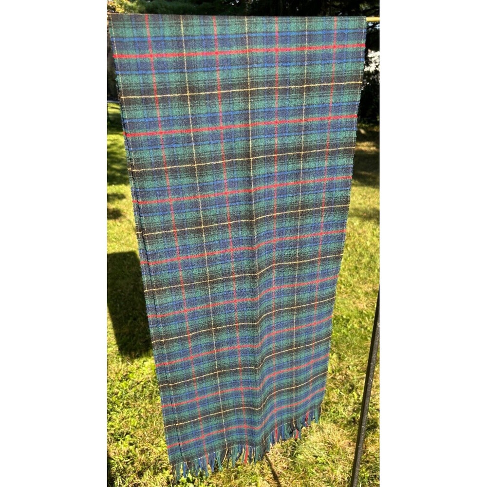 Pendleton Tartan Wool Knit‎ Scarf green red blue black yellow Plaid Fringe 60x13